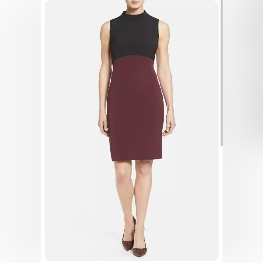 NWT Halogen Black Burgundy colorblock mock neck sheath dress